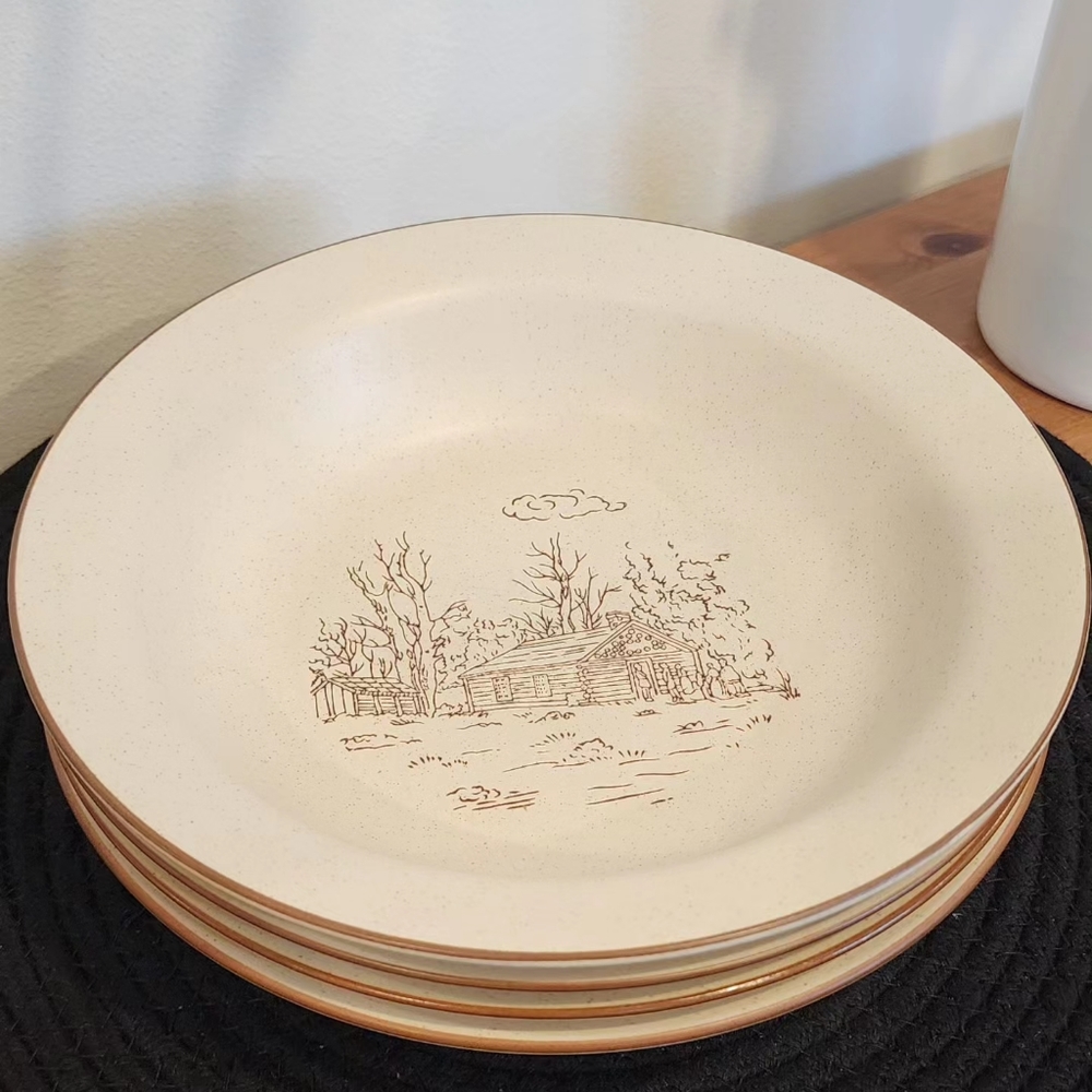Set of Vintage Ligthouse Stoneware Bowls,Brown Border,Korea
